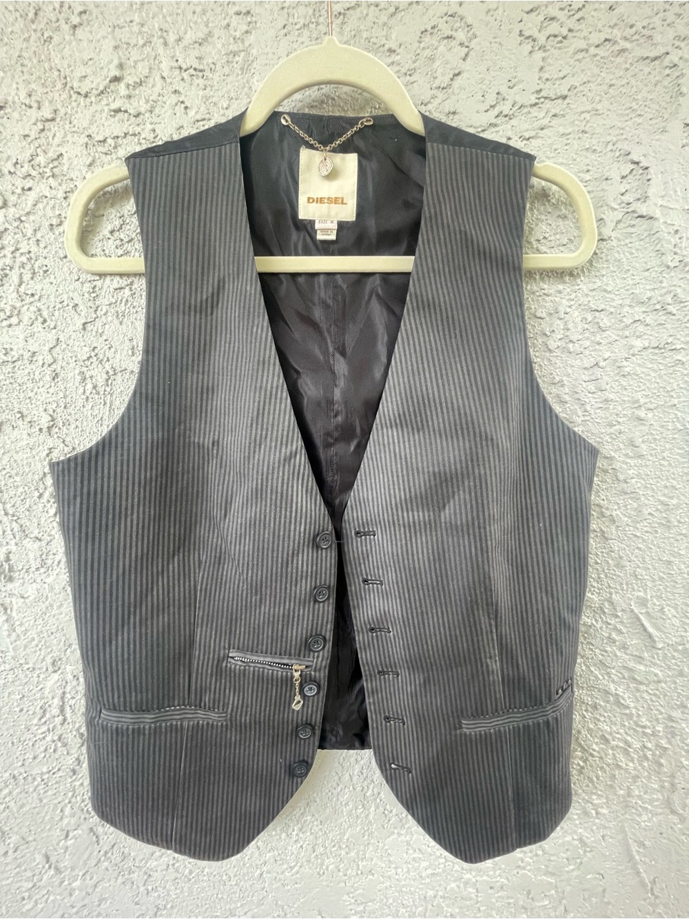 Diesel Men's Charcoal Pinstripe Vest with Zip Pocket